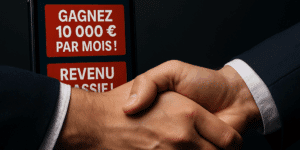 Deux personnes se serrent la main devant un smartphone affichant de fausses publicités, avec le message « Faites confiance au local, pas aux promesses miracles